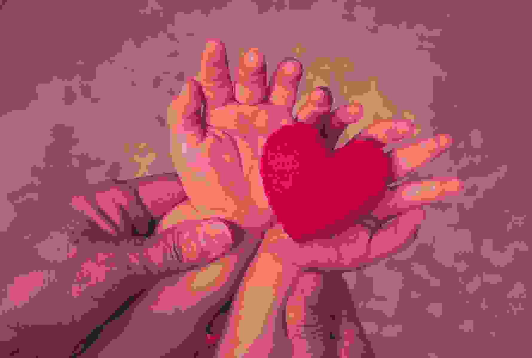 Una mano adulta tiene le piccole mani di un bambino, dentro un cuore di stoffa rosso – un’immagine forte di vicinanza umana e solidarietà.