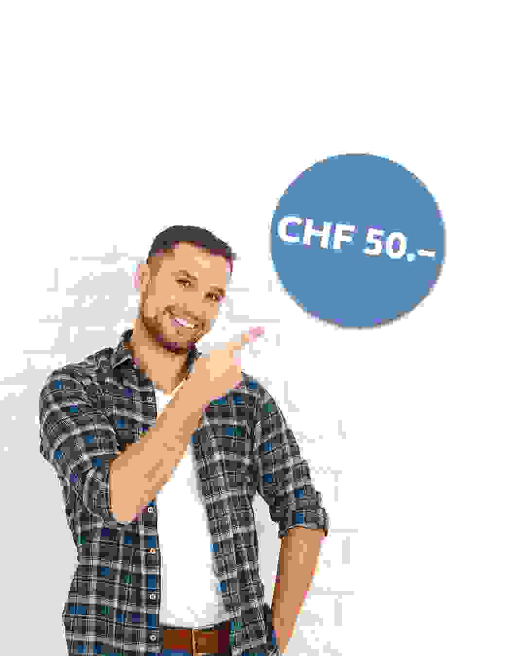 Il giovane indica un grande cerchio blu con la scritta «CHF 50.–» – un ringraziamento simbolico per la Sua raccomandazione.