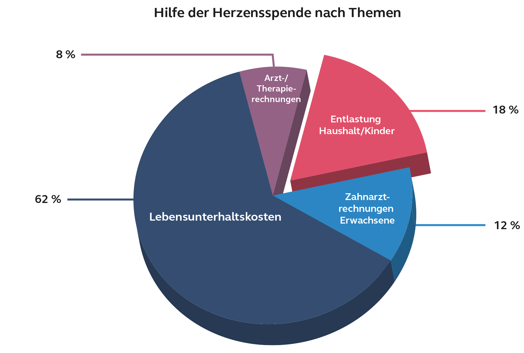 Kreisdiagramm mit der prozentualen Verteilung der Unterstützung durch die Herzensspende. 62 % entfallen auf Lebensunterhaltskosten, 18 % auf Entlastung im Haushalt und bei Kindern, 12 % auf Zahnarztrechnungen für Erwachsene und 8 % auf Arzt- und Therapierechnungen.