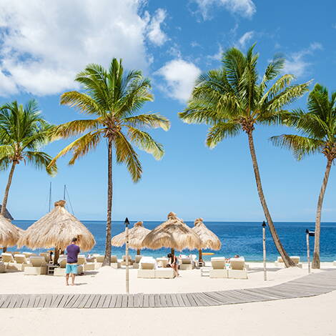 Ferienparadies mit Strand und Palmen Ein idyllisches Ferienressort mit Sandstrand, Palmen, Sonnenschirmen und Liegestühlen vor klarem Meer – perfekt für entspannte Auszeiten in der Schwangerschaft.
