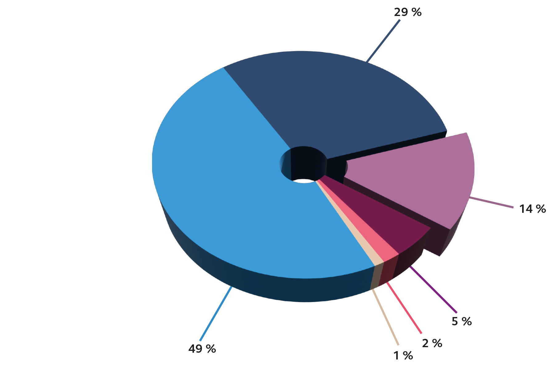 Il grafico illustra la distribuzione percentuale dei contributi volontari di PRO LIFE. La quota maggiore è del 49 %, seguita dal 29 % e dal 14 %. Le categorie più piccole variano tra l’1 % e il 5 %. La rappresentazione utilizza un grafico ad anello 3D con segmenti chiaramente distinti nei colori.