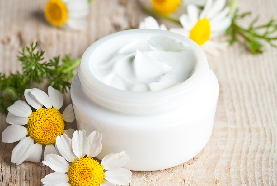 Selbstgemachte Handcreme mit Kamille Tiegel mit naturreiner Kamillen-Handcreme, umgeben von Kamillenblüten – sanfte Pflege für empfindliche und beanspruchte Haut.