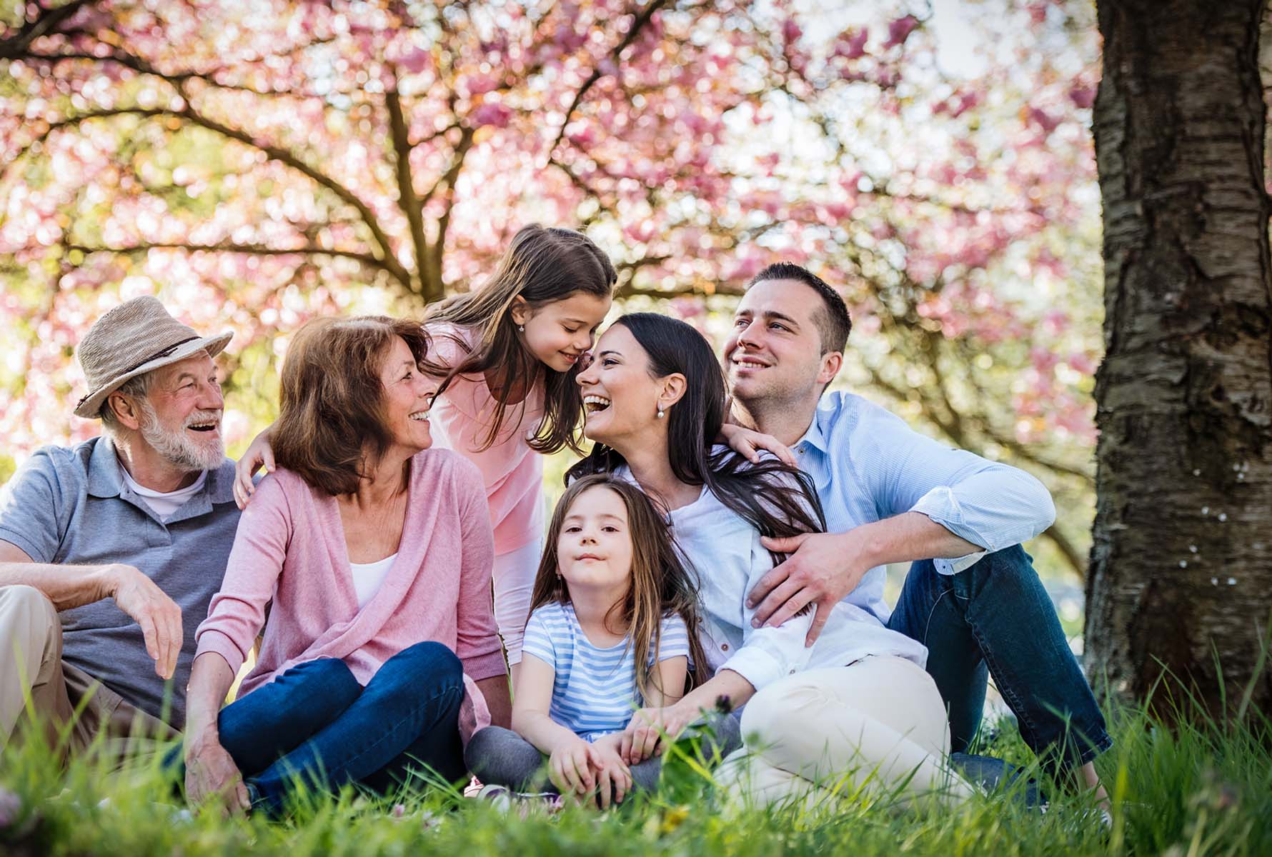 Raccomandare PRO LIFE – famiglia multigenerazionale in primavera Una famiglia multigenerazionale seduta felice sotto un ciliegio in fiore, simbolo di comunità e solidarietà. Raccomandando PRO LIFE, condividete il bene e rafforzate la comunità solidale della soluzione cassa malati PRO LIFE.