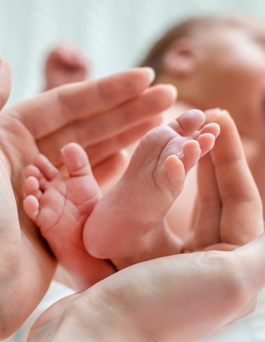 Gros plan de petits pieds de bébé tenus par plusieurs mains. L’image symbolise l’allocation de naissance de PRO LIFE et le soutien apporté aux jeunes familles.