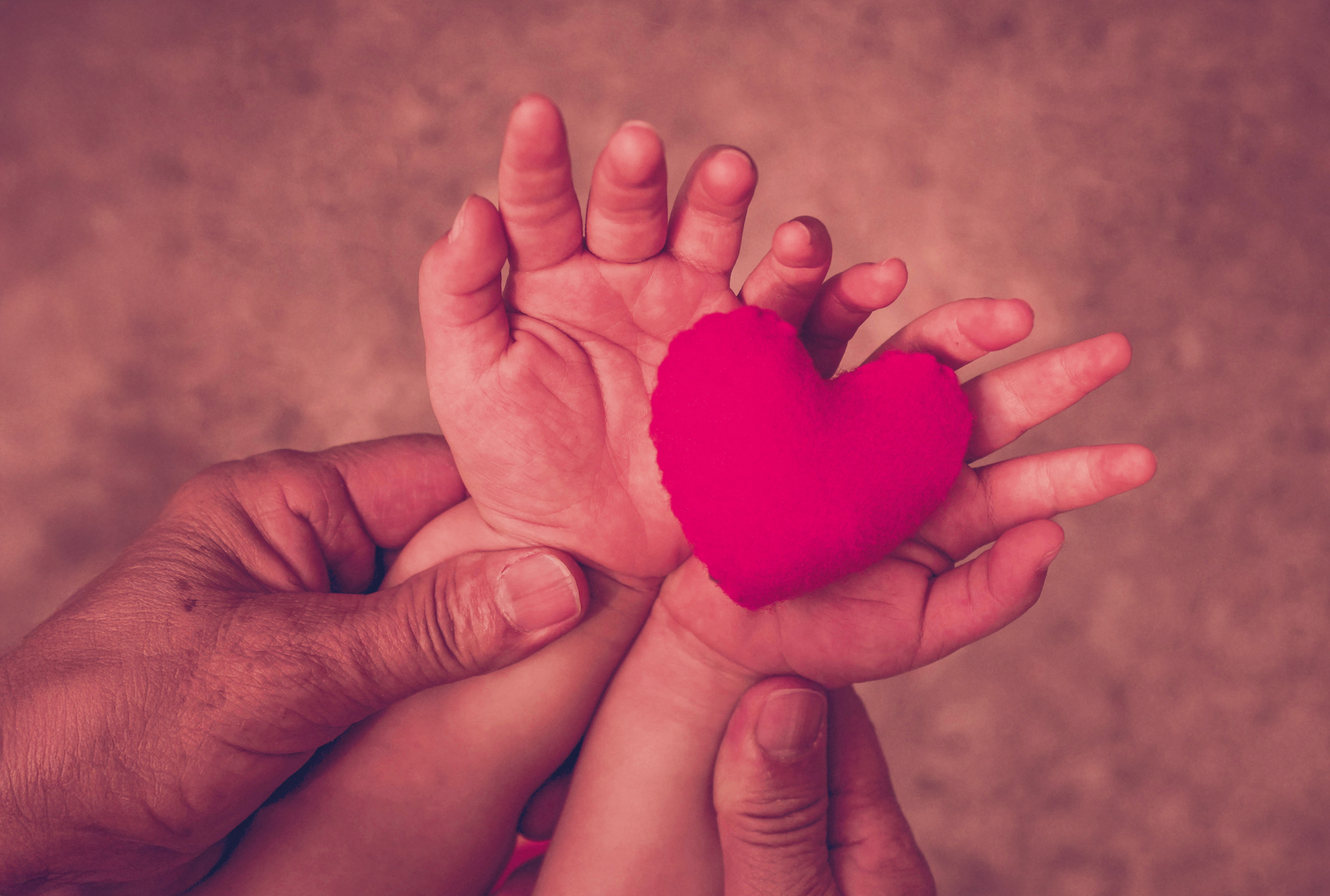 Don du Cœur Une main adulte tient les petites mains d’un enfant, dans lesquelles se trouve un cœur en tissu rouge – une image forte de proximité humaine et de solidarité.